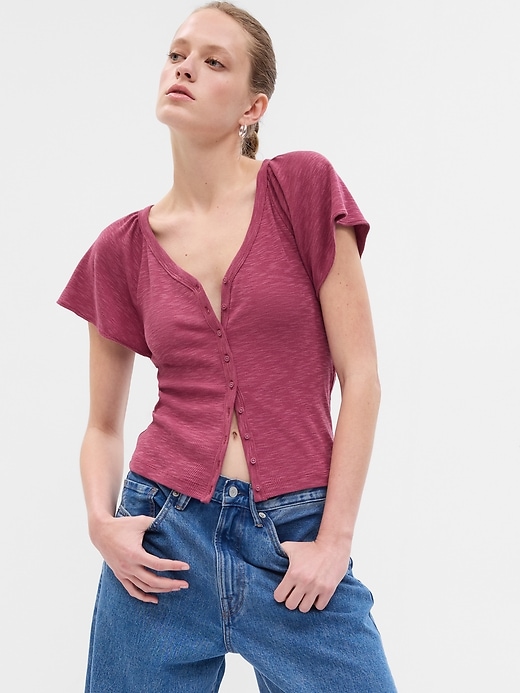 Image number 9 showing, Essential Rib Flutter Sleeve Button-Front Top