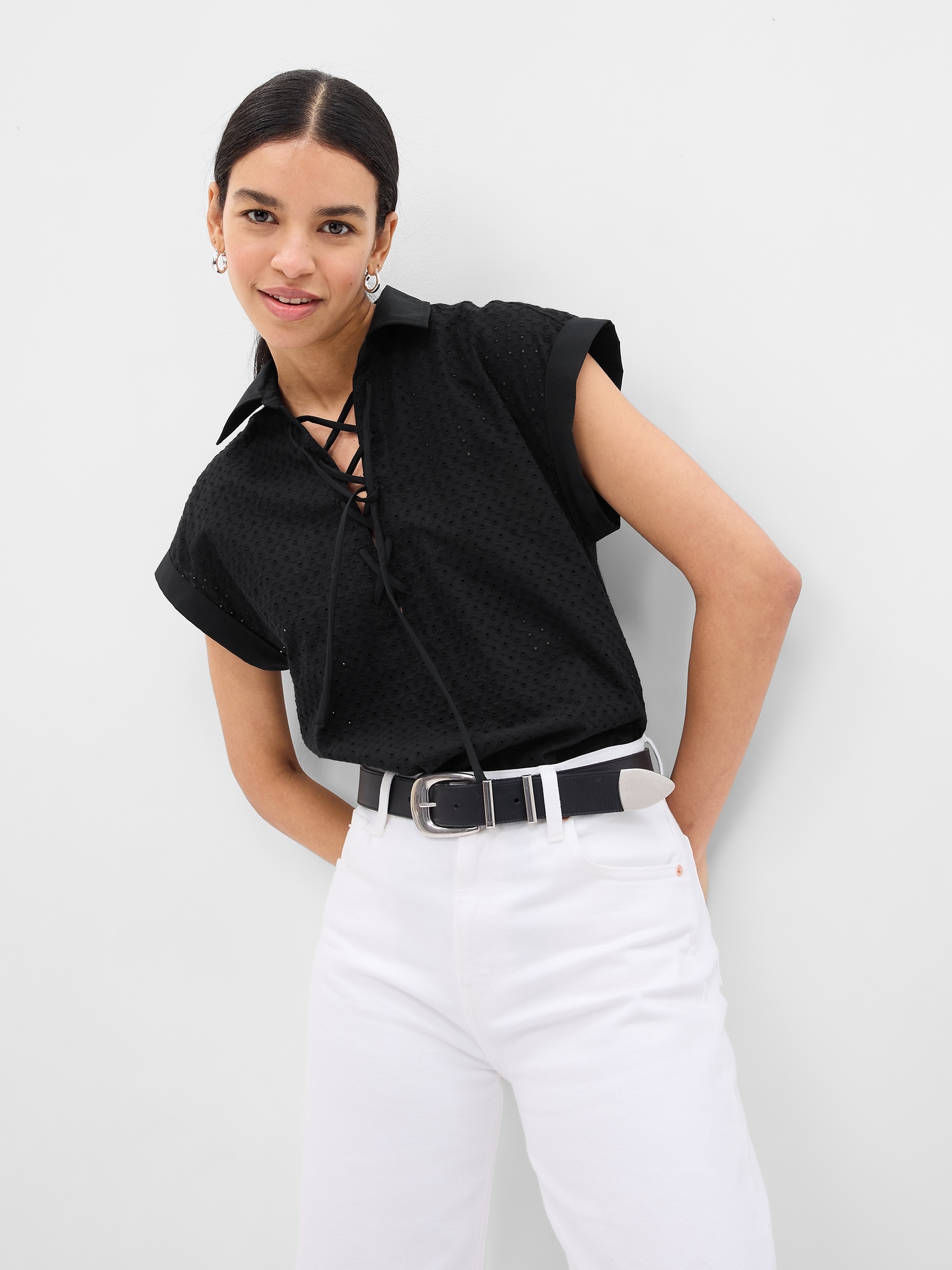 Gap Lace-Up Eyelet Dolman Shirt black. 1