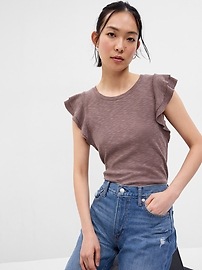 Essential Rib Flutter Sleeve Button-Front Top