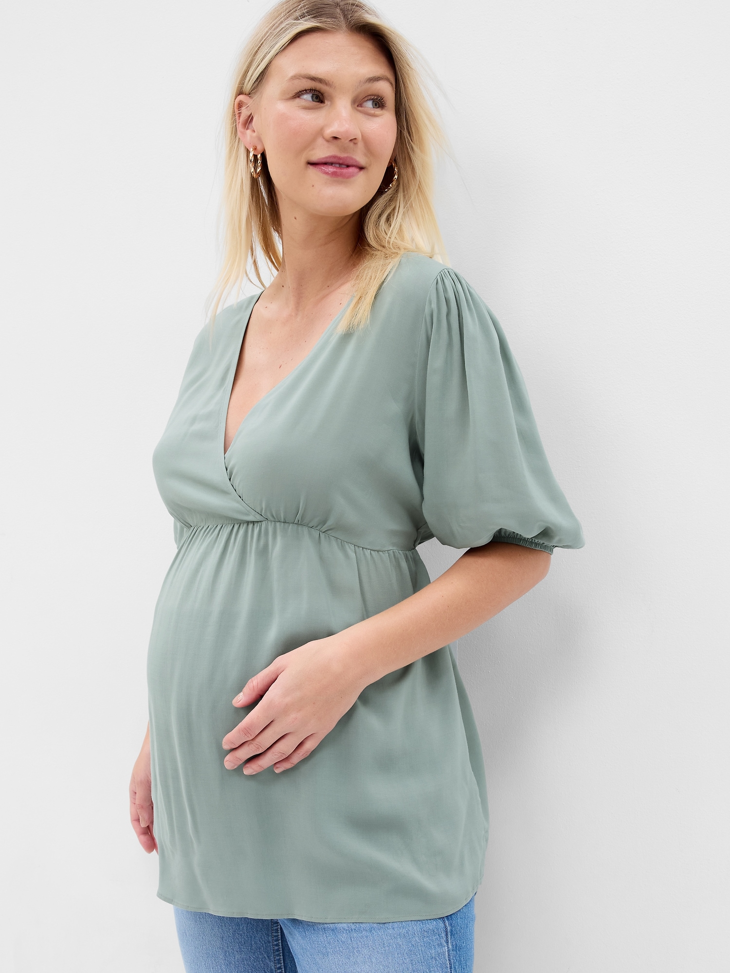 Gap Maternity Puff Sleeve Wrap Top green. 1