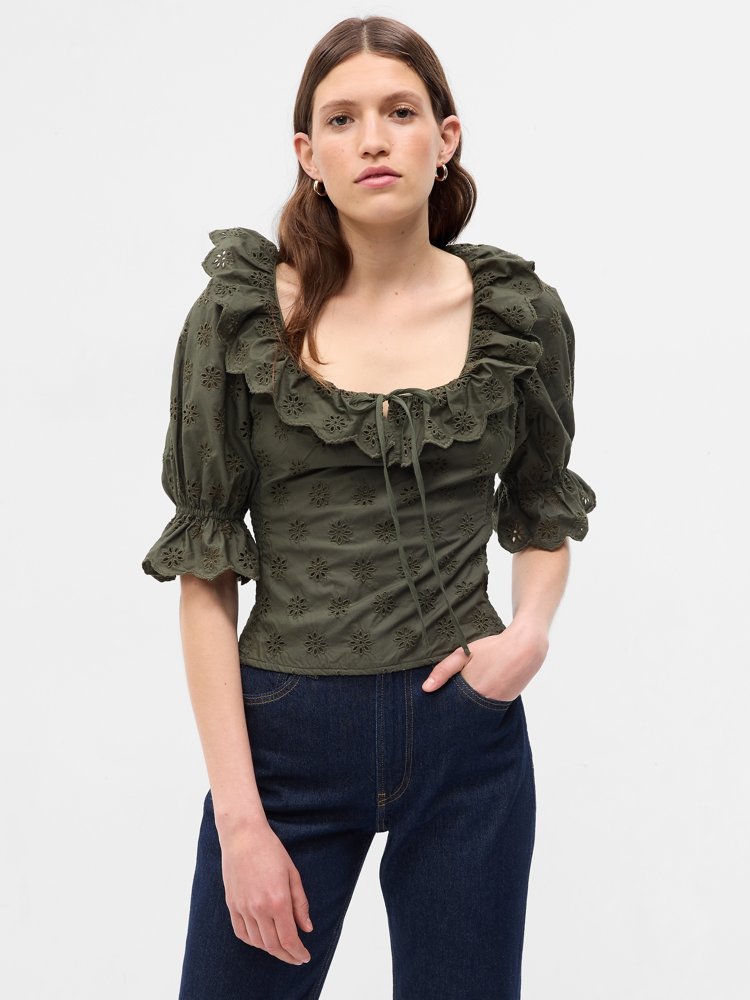 Eyelet ruffle sale top