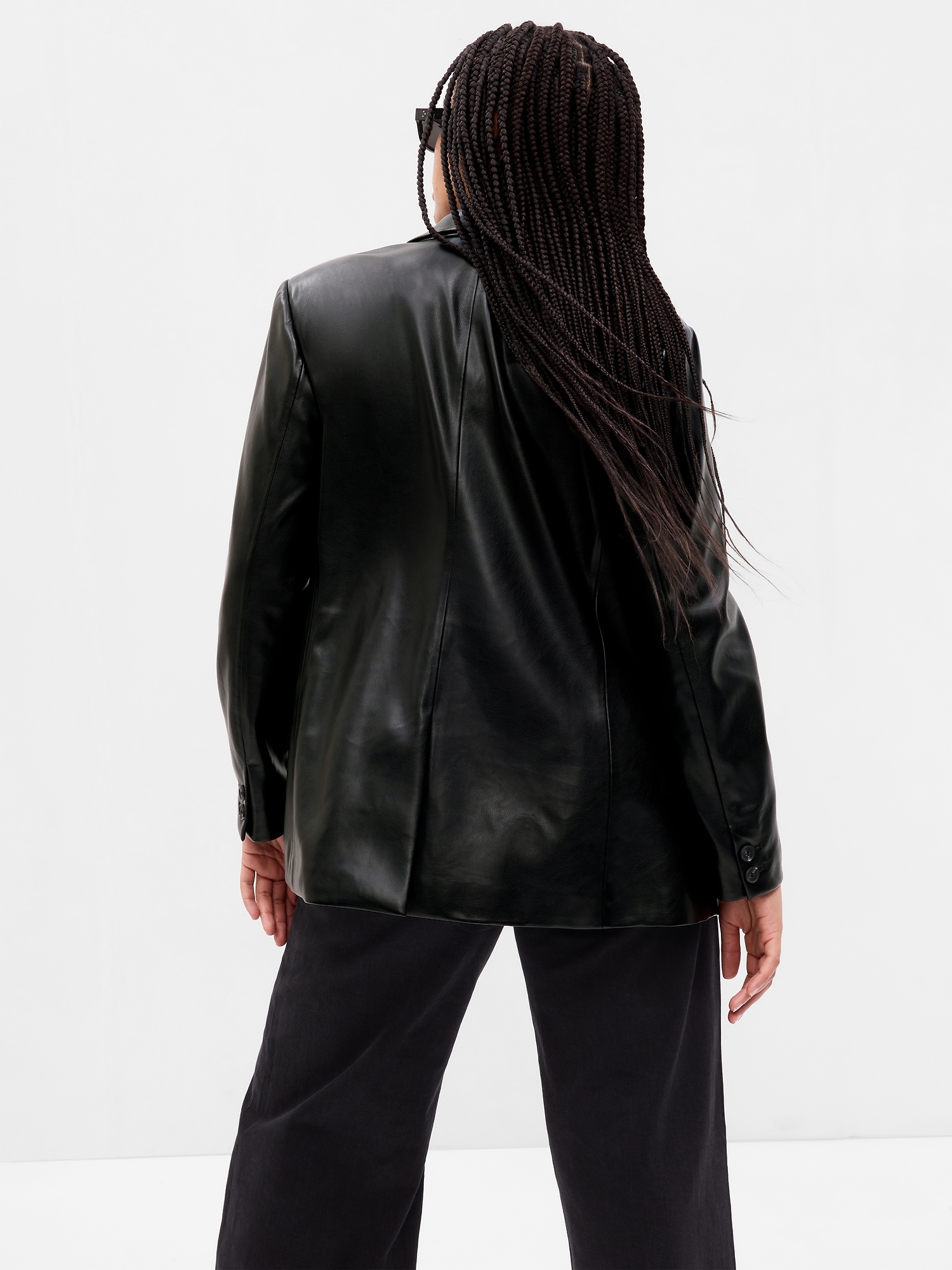 Women's Black Double Breasted Blazer, Black Leather Leggings, Beige Leather  Pumps, Black Leather Crossbody Bag