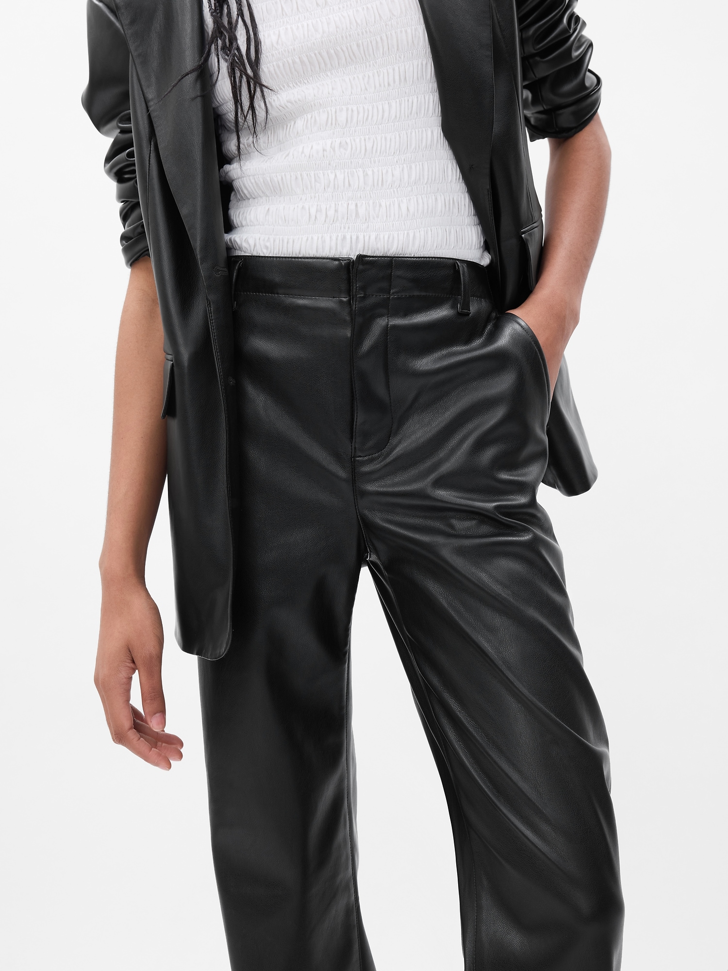 LW Women Pants Faux Leather Mid Waist Reflective Shiny Zipper