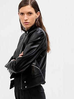 Cropped Faux Leather Moto Jacket for Tall Women in Black