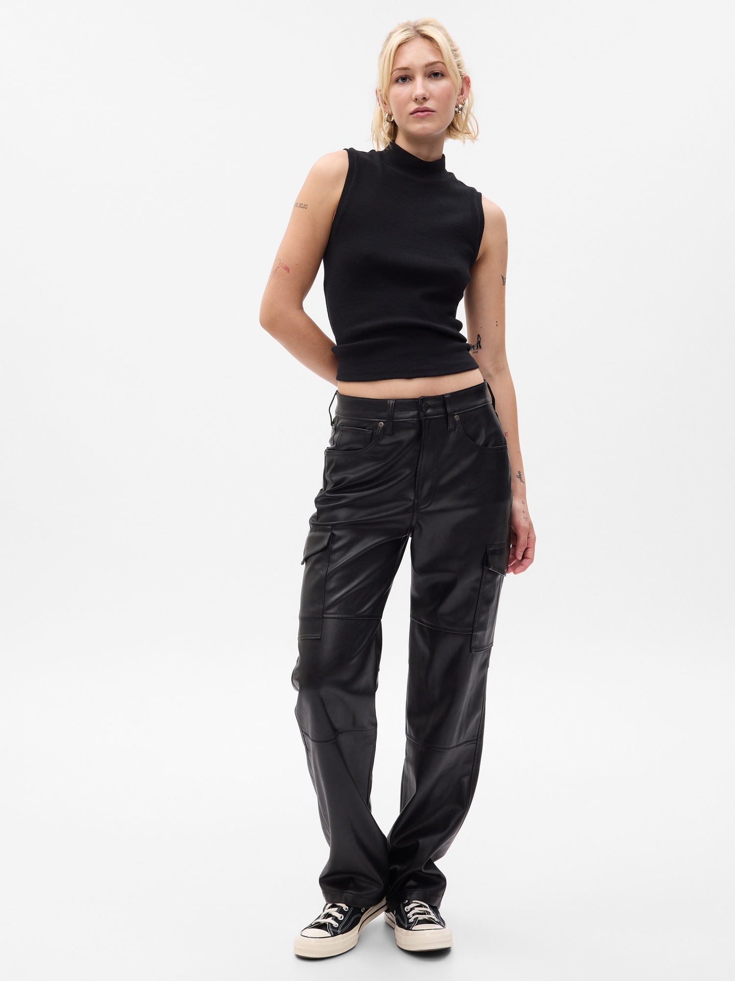 FAUX LEATHER CARGO TROUSERS - Black