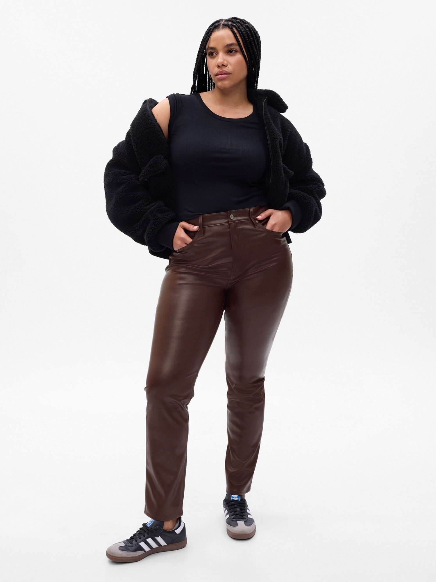 Trendy High Rise Paper Bag Style Brown Leather Pants for Women