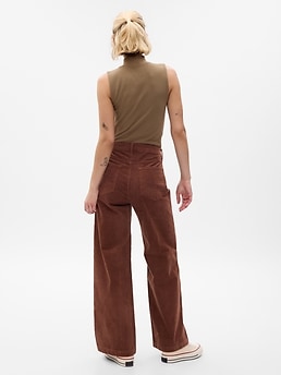 Women's High Waisted Button Zipper Pocket Corduroy Wide Leg Casual