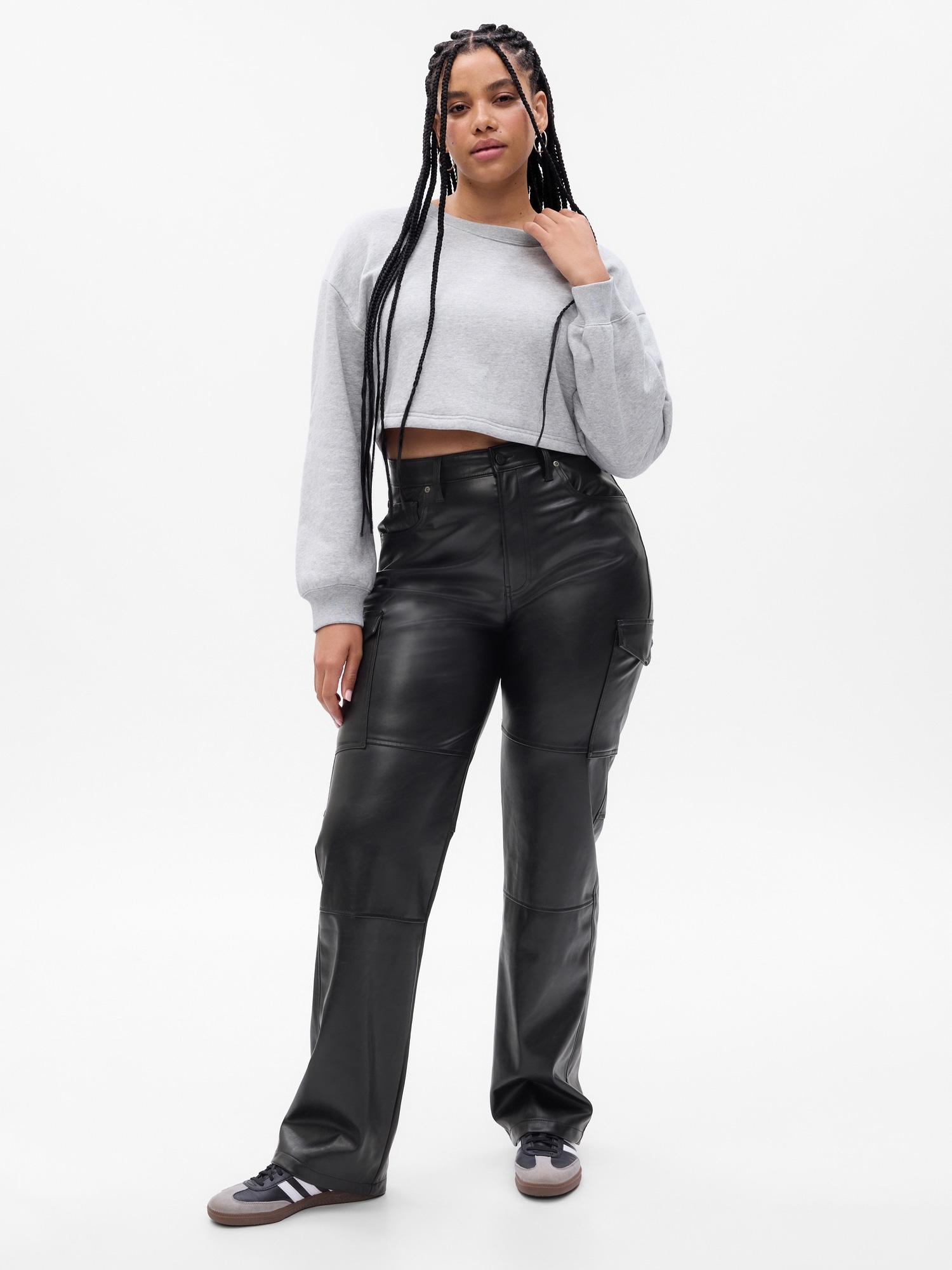 FAUX LEATHER CARGO TROUSERS - Black