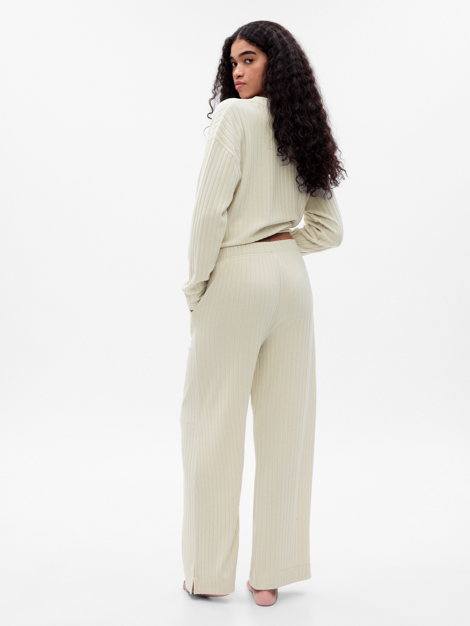 Womens Cream Ribbed Wide Leg Trousers