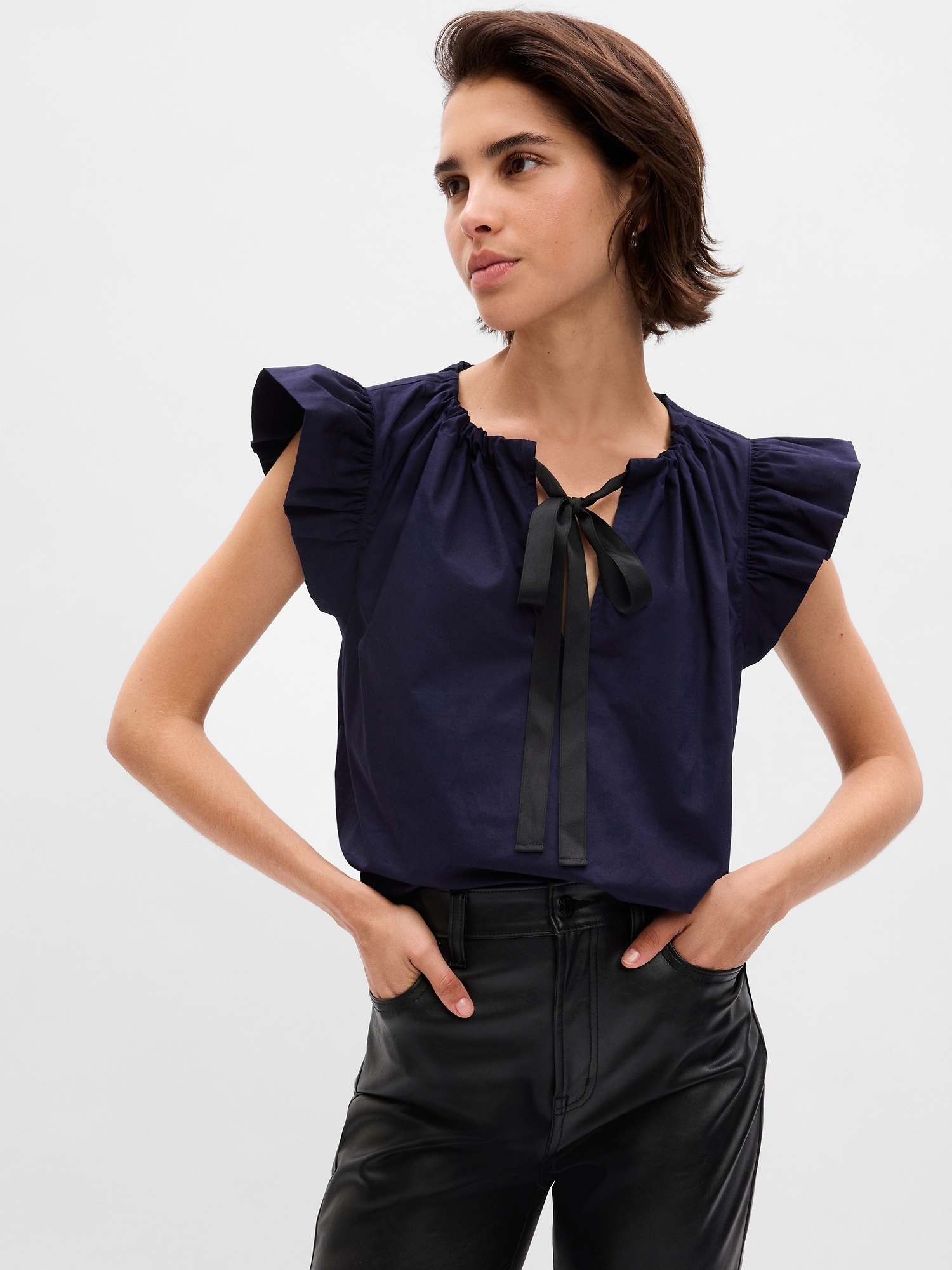 Flutter Sleeve Tie-Neck Shirt | Gap