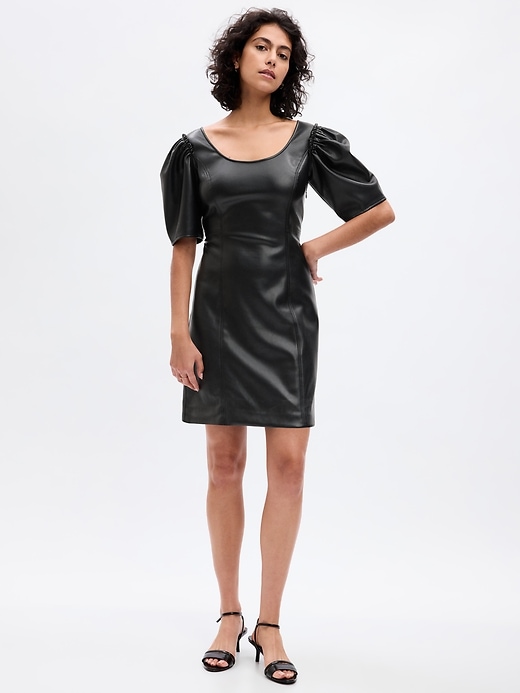 Image number 1 showing, Vegan Leather Puff Sleeve Mini Dress