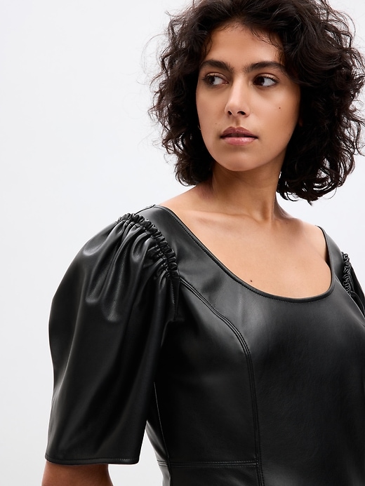 Image number 3 showing, Vegan Leather Puff Sleeve Mini Dress