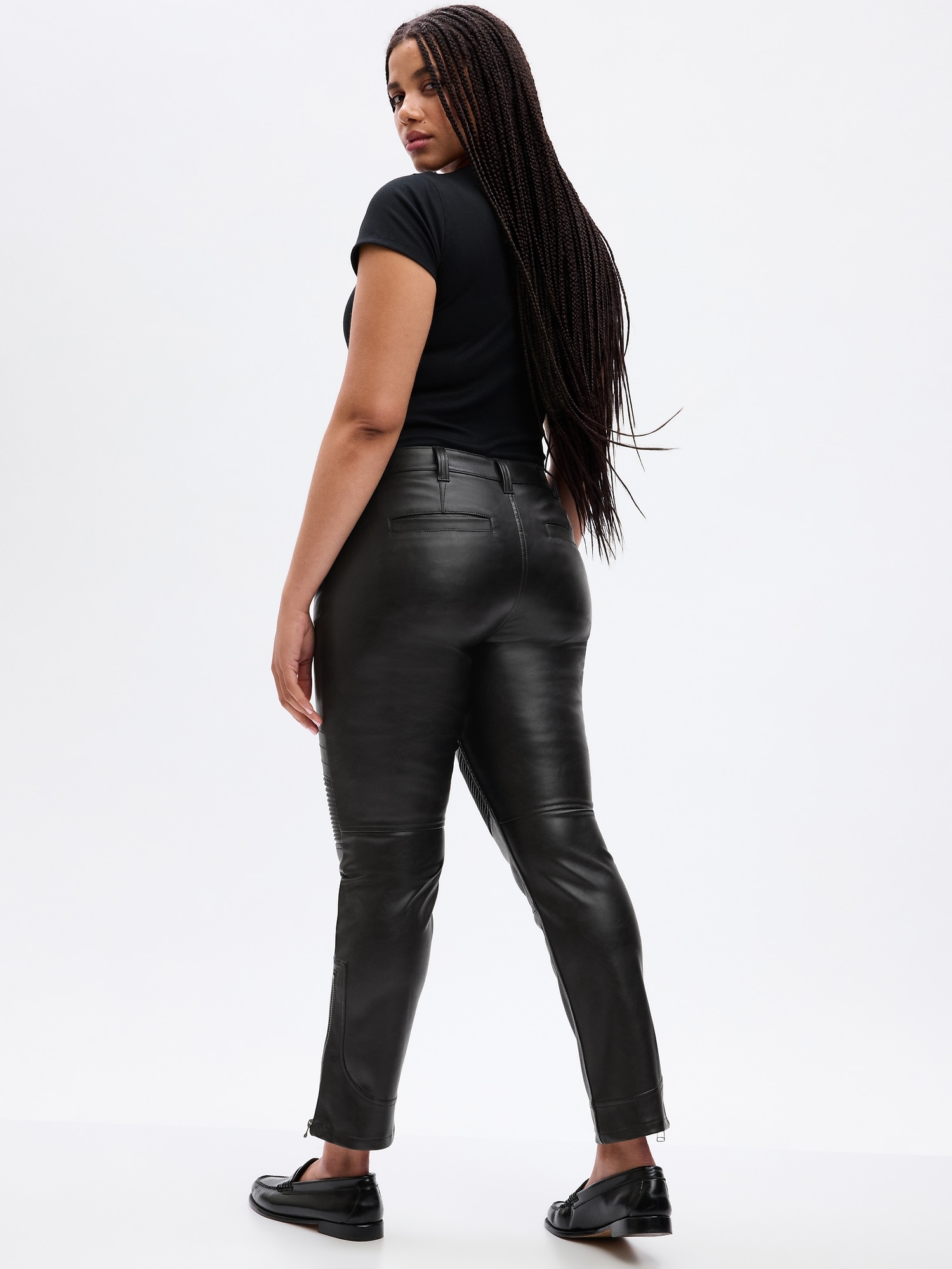 Express, Super High Waisted Faux Leather Moto Skinny Pant in Pitch Black
