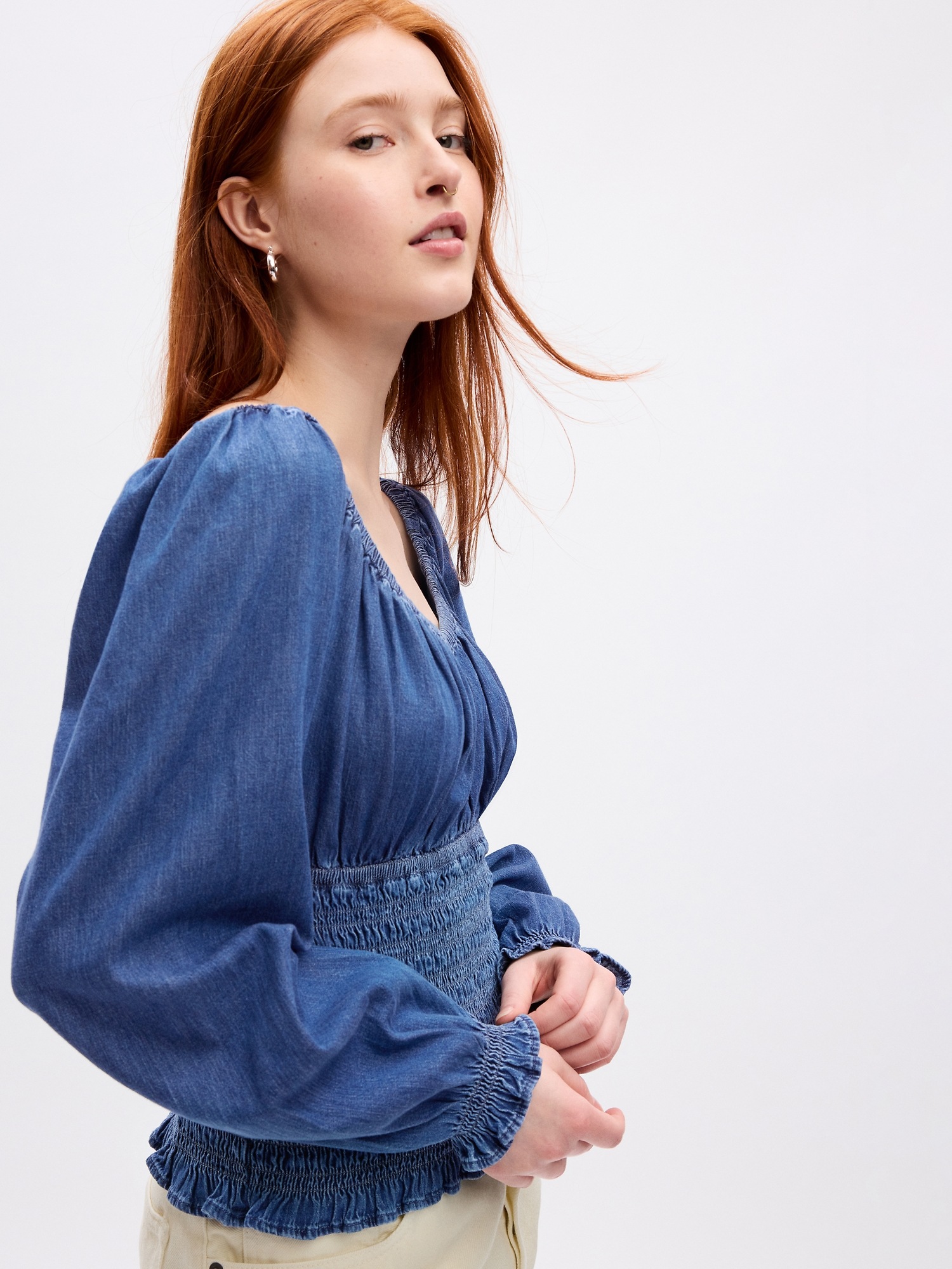 Puff Sleeve Smocked Denim Top | Gap