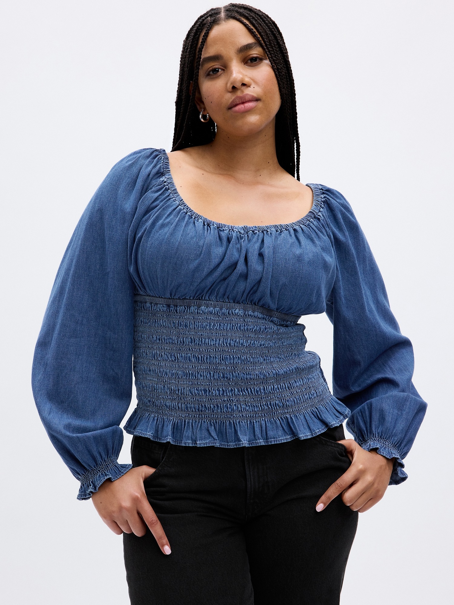 Puff Sleeve Smocked Denim Top | Gap