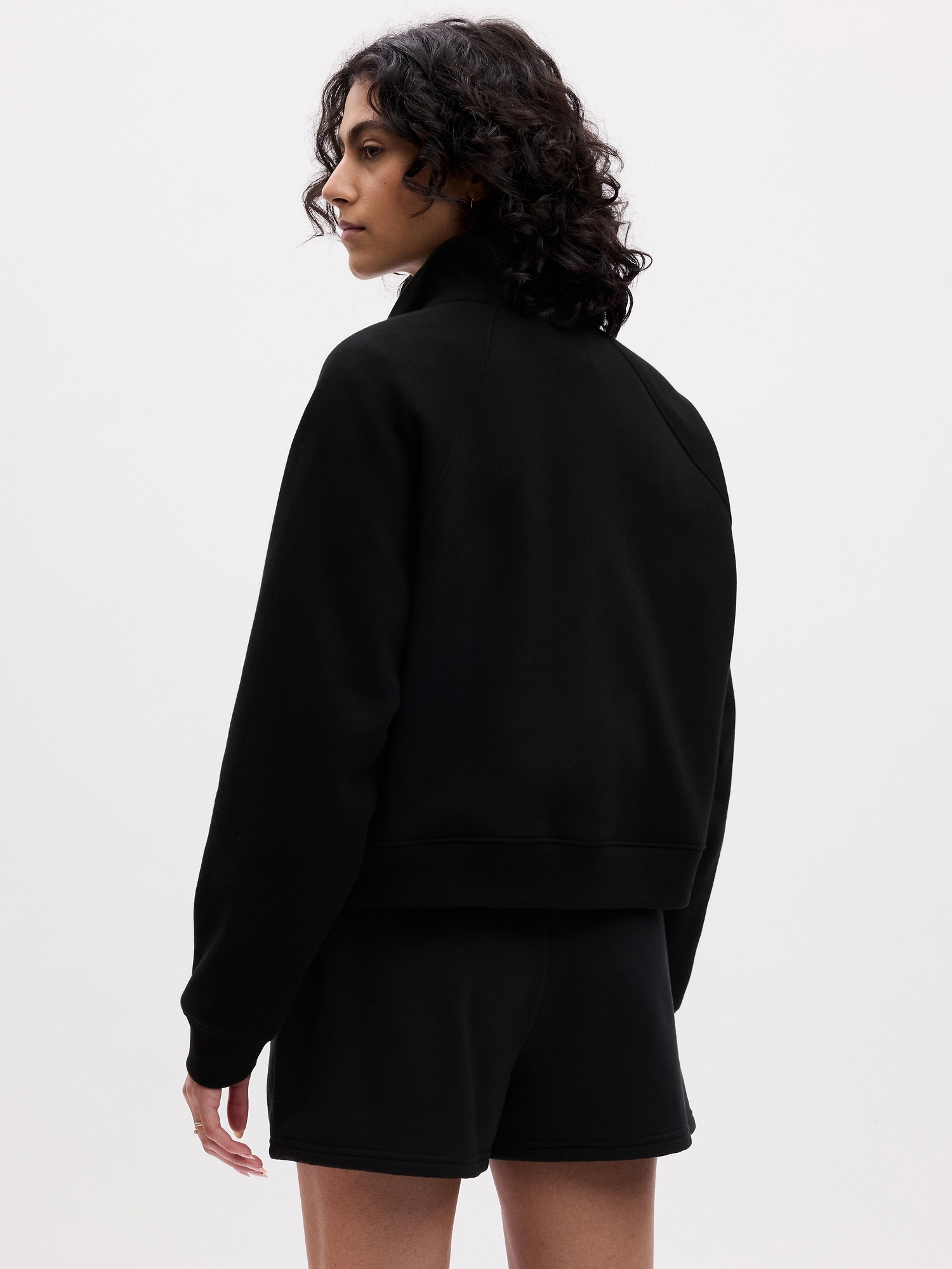 Long Sleeve 8 Half Zip-Front Cropped Fleece Hoodie - Heather Grey