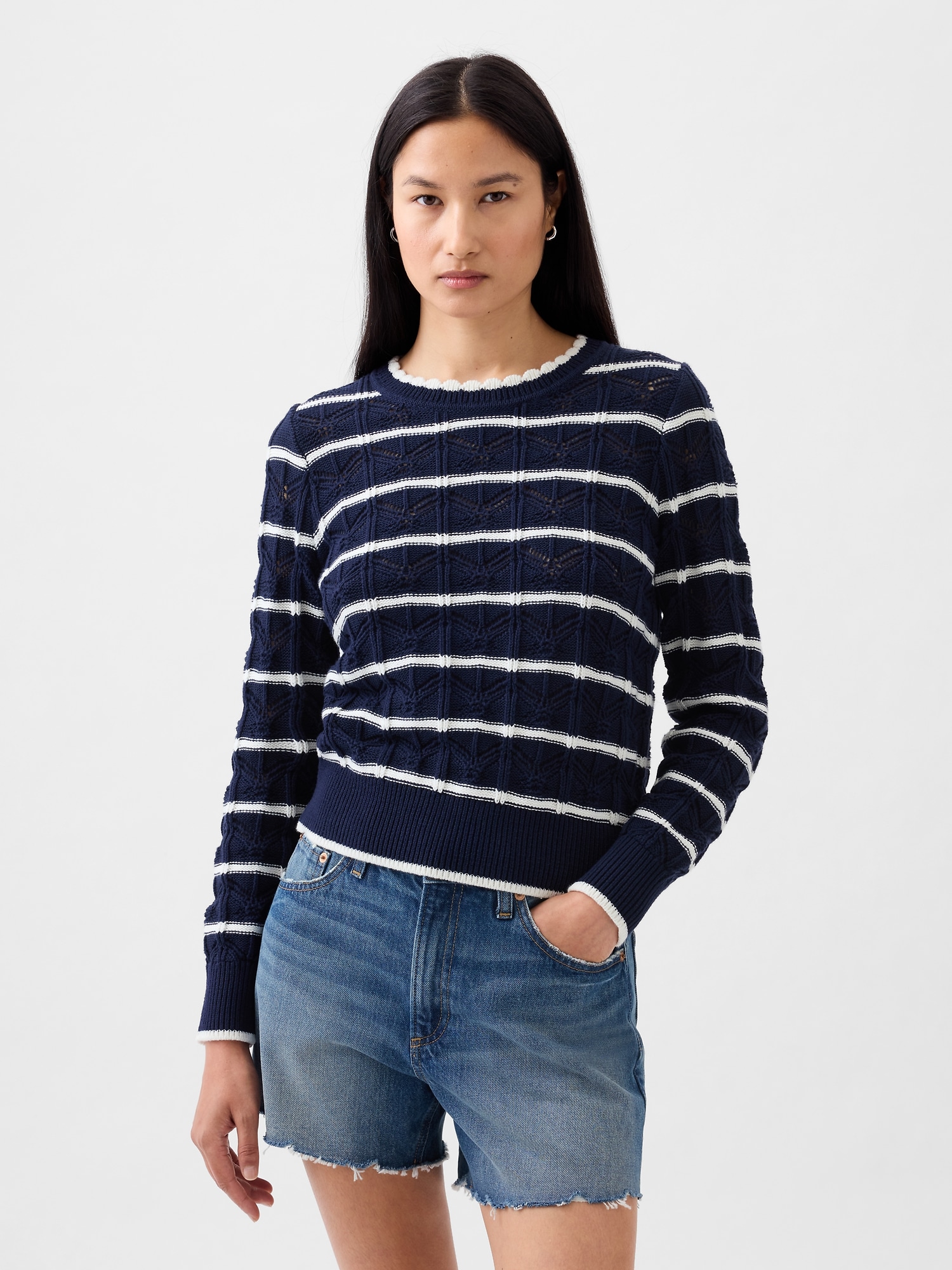 Women's Petite - Pointelle Striped Sweater