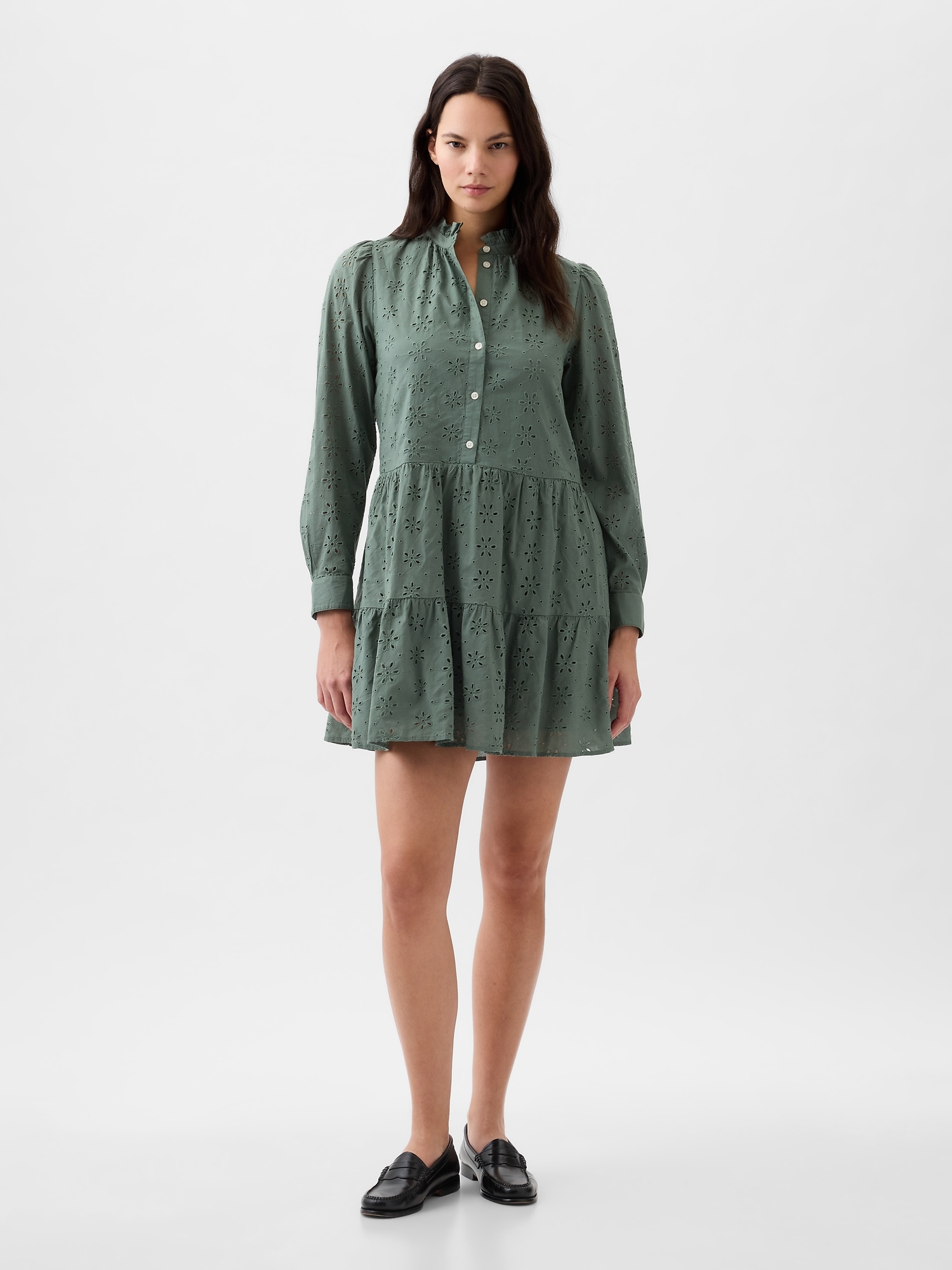 Green Shirt Dress Long Sleeve Tiered