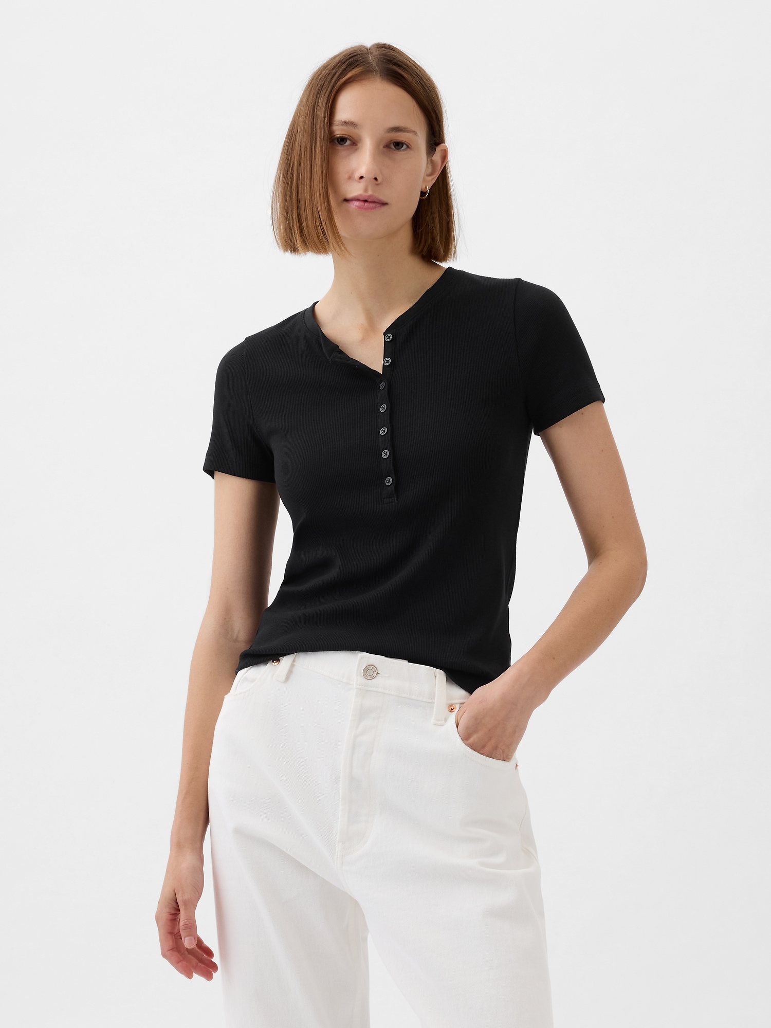 Ribbed Henley Shirt - Black - Ladies