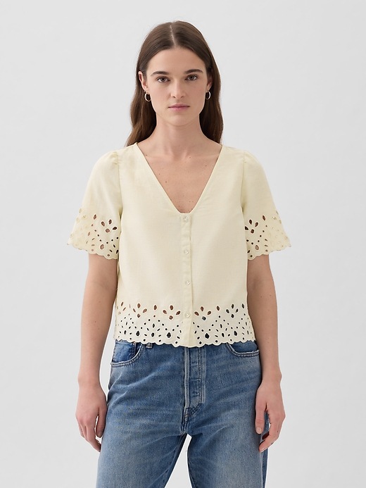 Image number 1 showing, Linen-Blend Cropped Eyelet Shirt