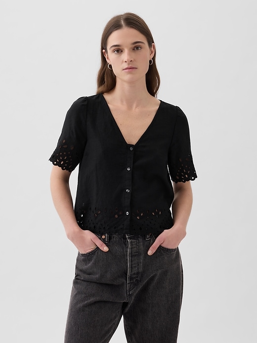 Image number 6 showing, Linen-Blend Cropped Eyelet Shirt