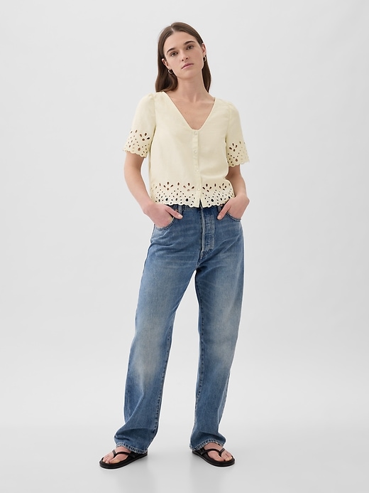 Image number 3 showing, Linen-Blend Cropped Eyelet Shirt