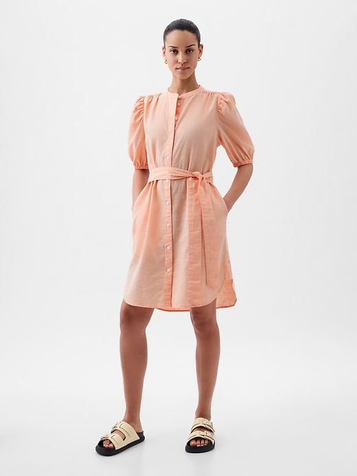 Image number 3 showing, Linen-Cotton Puff Sleeve Mini Shirtdress