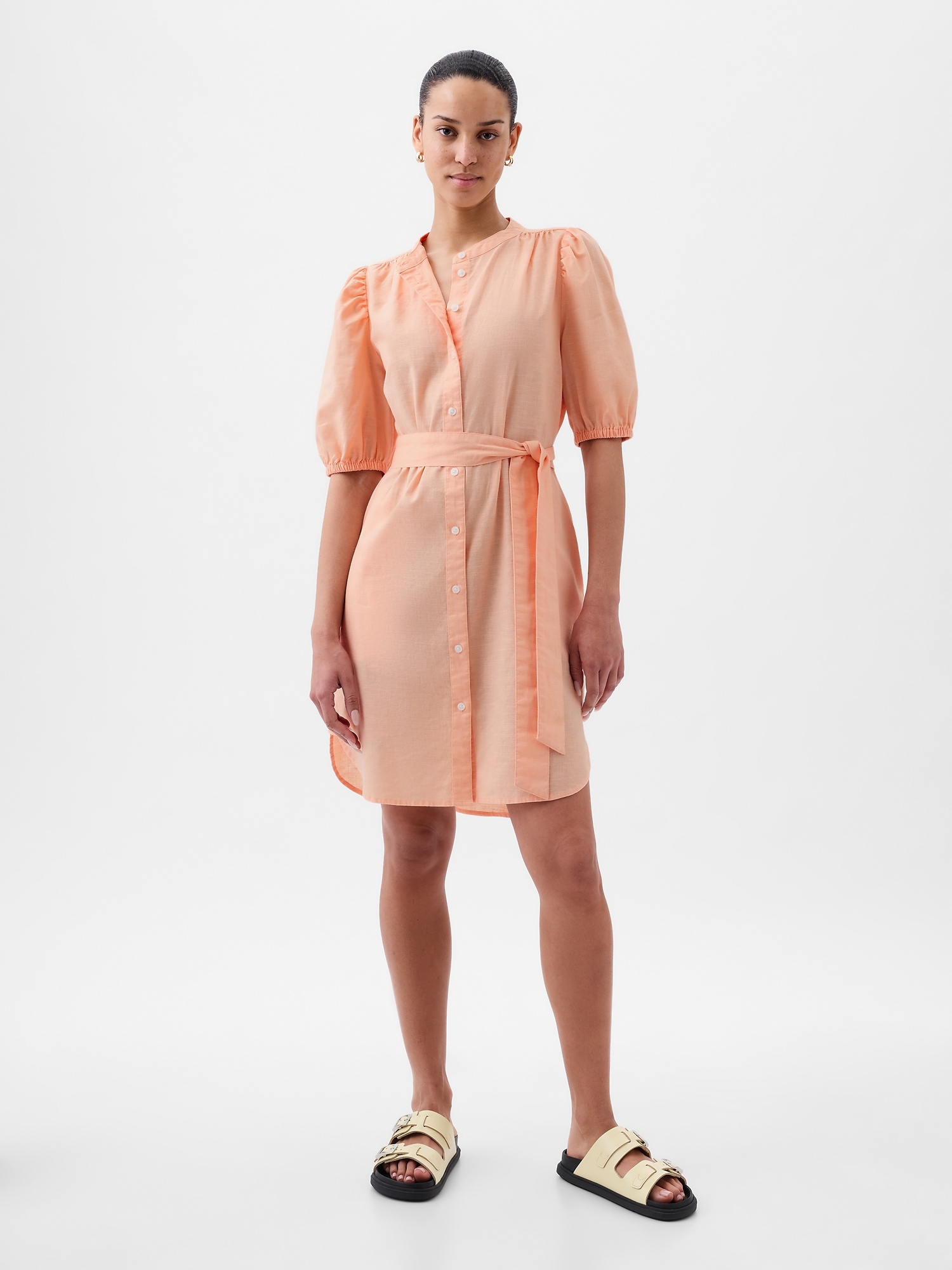 Linen-Cotton Puff Sleeve Mini Shirtdress