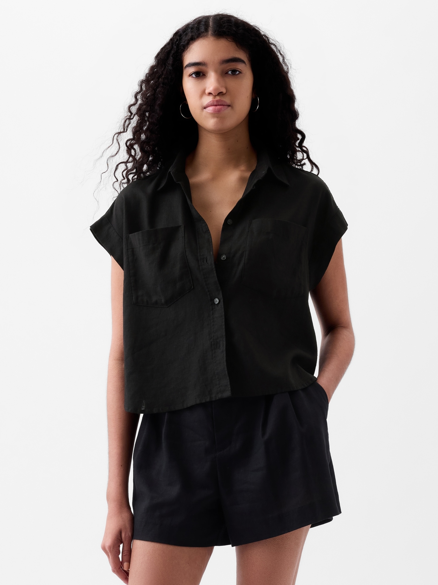 Linen-Blend Cropped Shirt