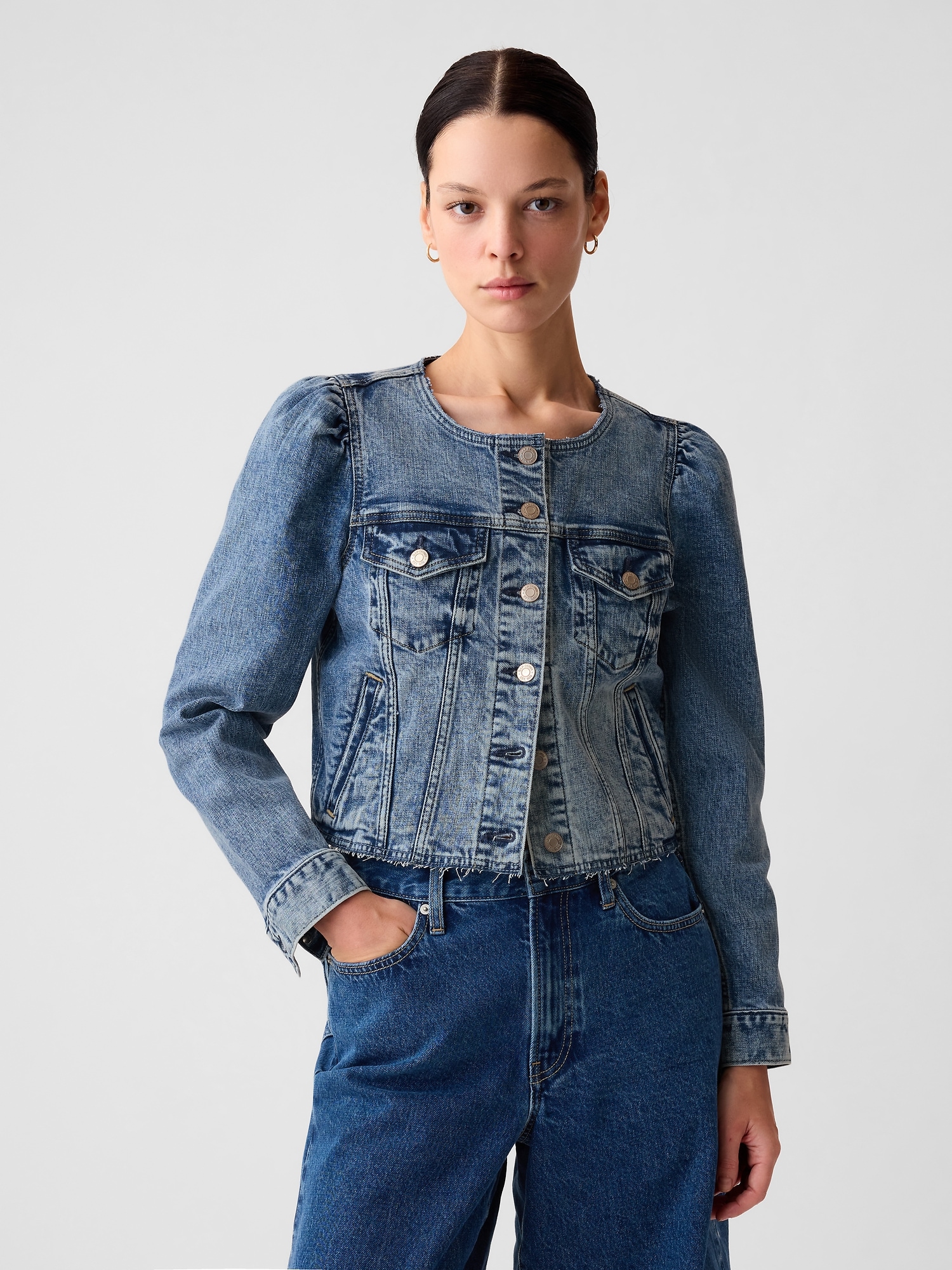 Veste en denim emblematique courte sans col Gap