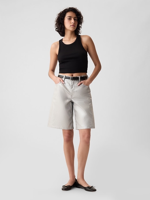 Image number 1 showing, 11.5" Mid Rise Metallic Longline Denim Shorts