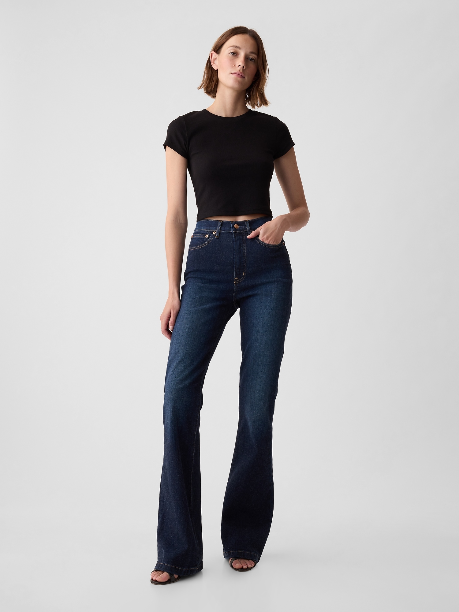 Buy Women Bell Bottom Fit Cropped Length Dark Black Jeans - Global