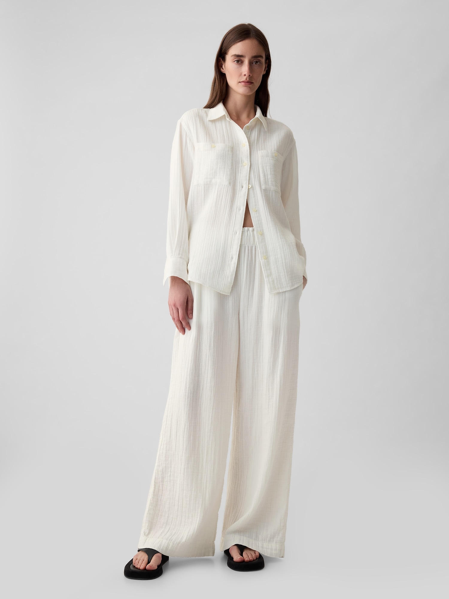 Mid Rise Crinkle Gauze Wide-Leg Pants