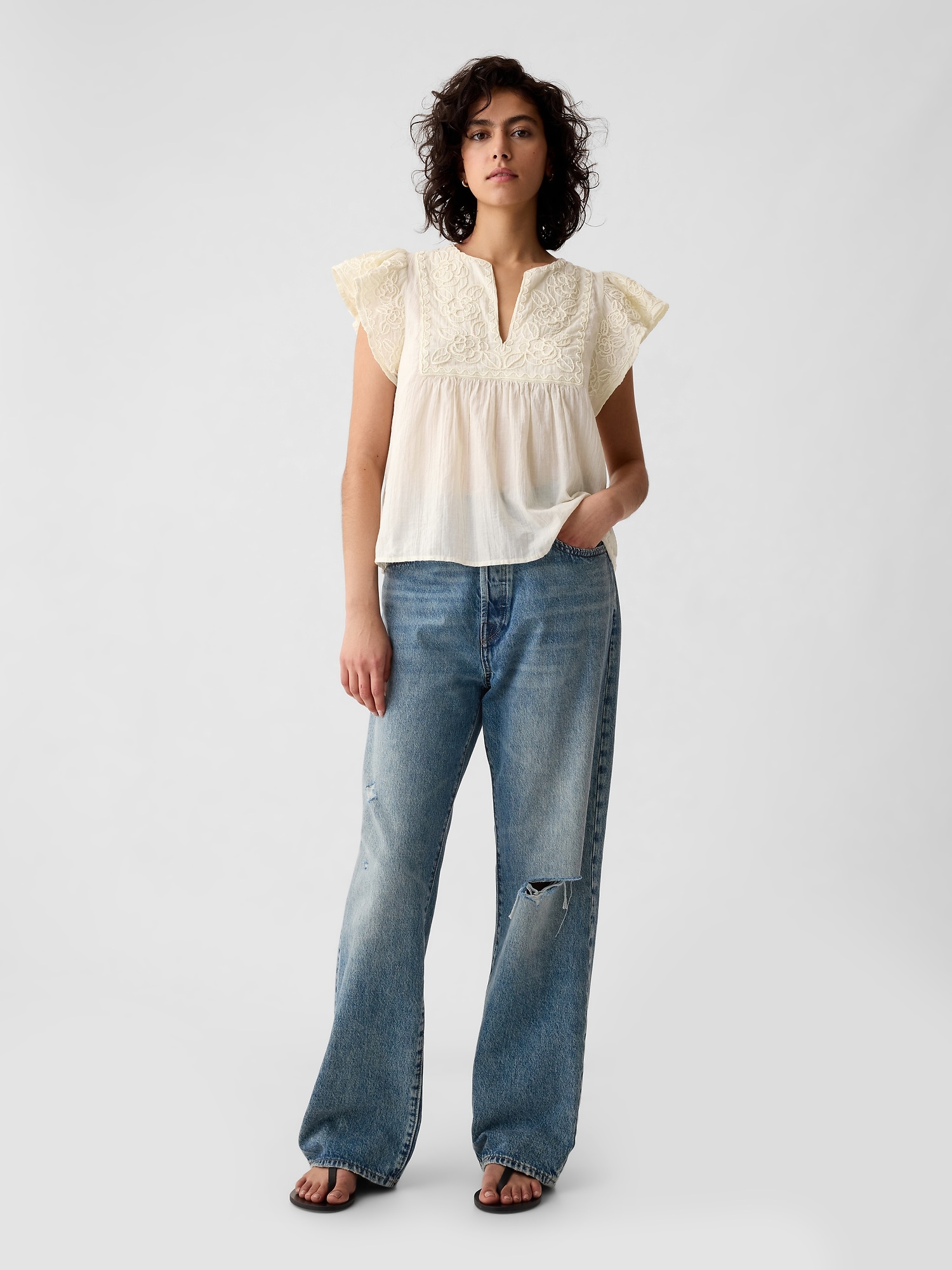 Crinkle Gauze Embroidered Cropped Shirt