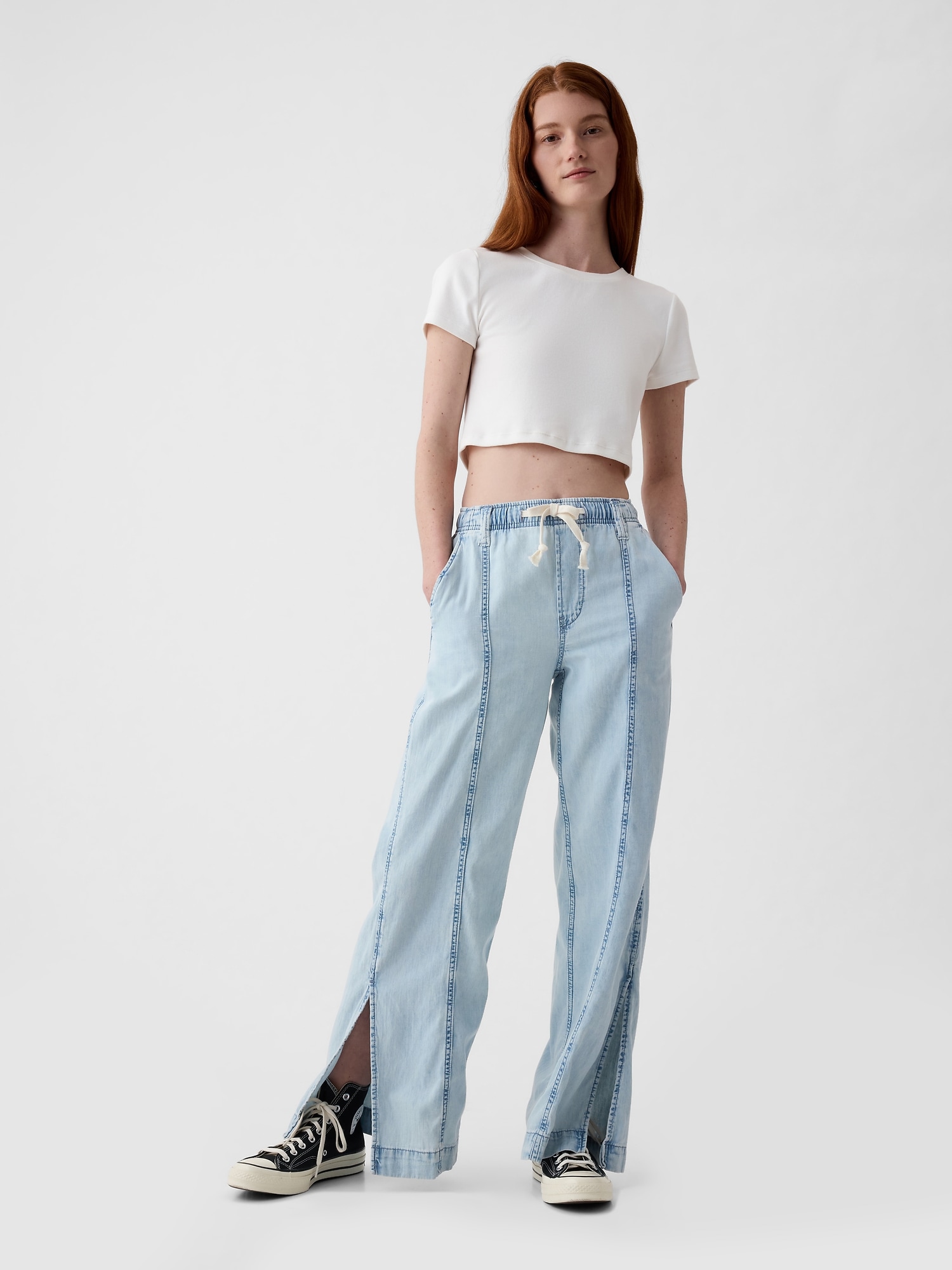 Wide-Leg Denim Pull-On Pants