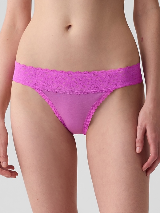 Image number 1 showing, Organic Stretch Cotton Lace-Trim Thong