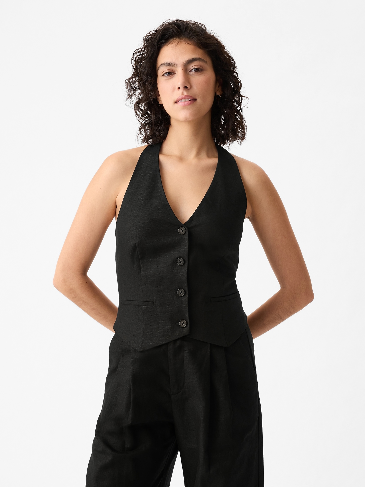 Linen-Cotton Halter Vest - Black