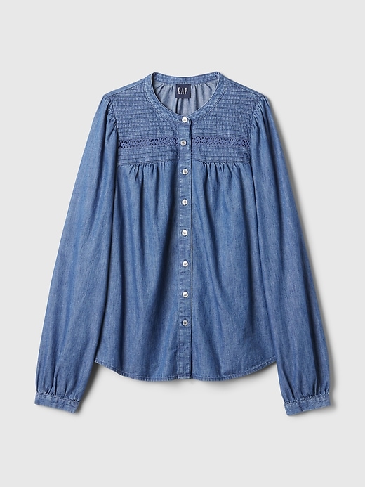 Image number 5 showing, Puff Sleeve Lace-Trim Denim Shirt