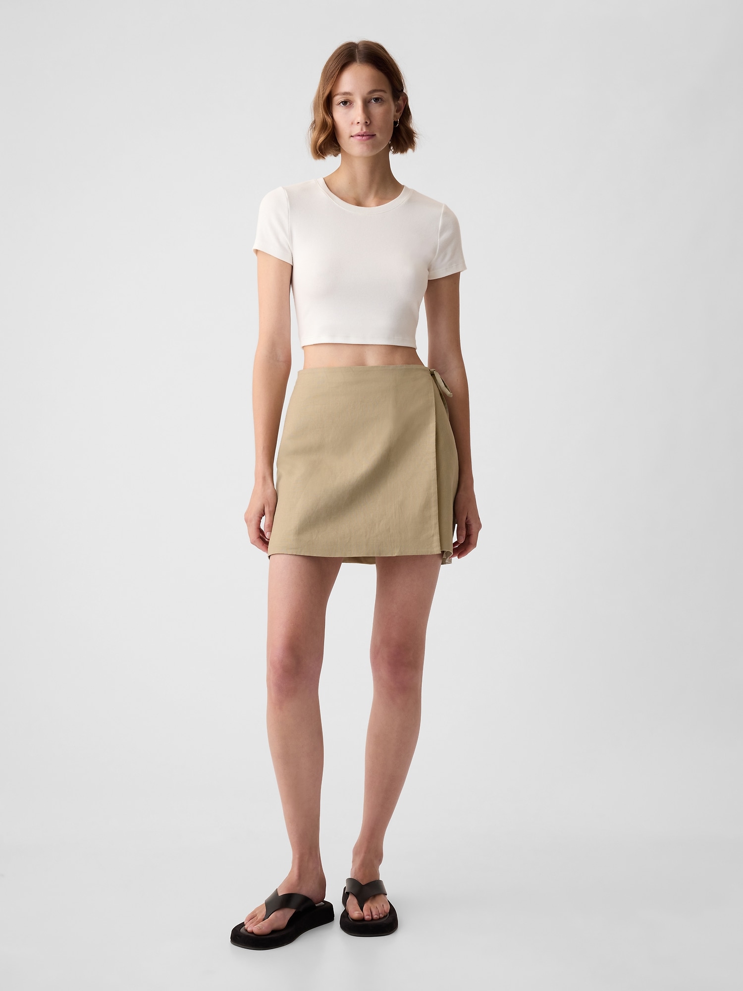 Linen-Cotton Wrap Mini Skirt