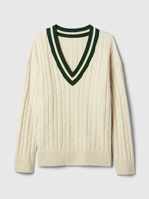 Image number 9 showing, CashSoft Varsity Cable-Knit Sweater