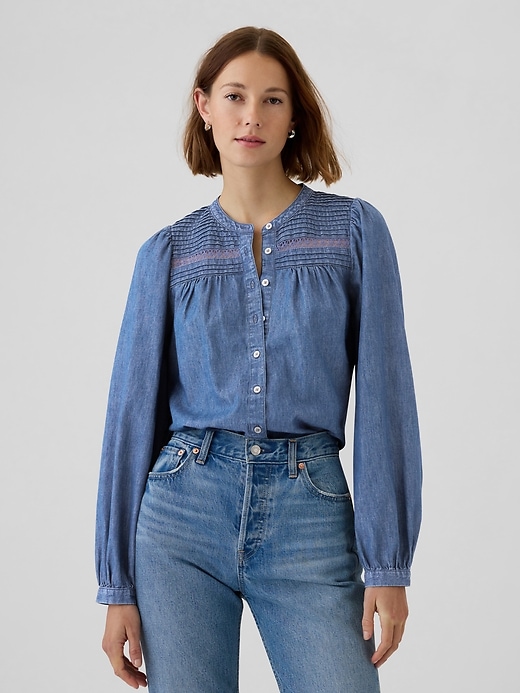 Image number 1 showing, Puff Sleeve Lace-Trim Denim Shirt