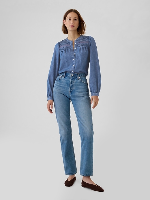 Image number 3 showing, Puff Sleeve Lace-Trim Denim Shirt