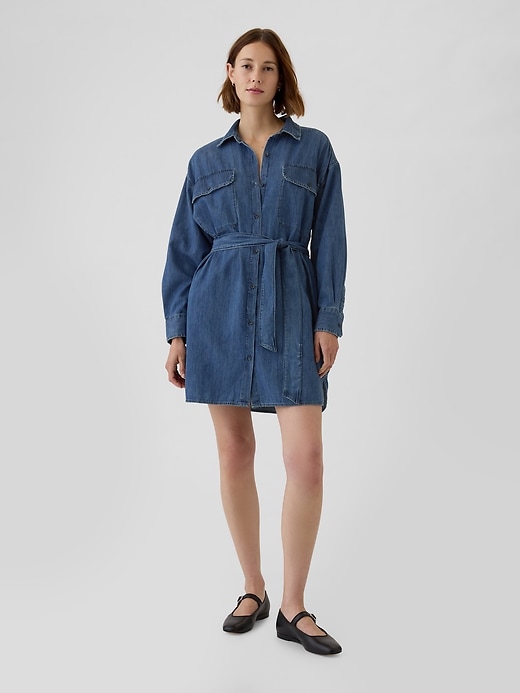 Image number 1 showing, Belted Denim Mini Shirtdress