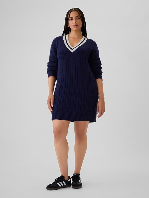 Image number 5 showing, CashSoft Varsity Cable-Knit Mini Sweater Dress