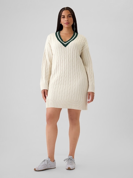 Image number 5 showing, CashSoft Varsity Cable-Knit Mini Sweater Dress