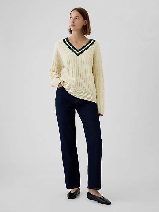 Image number 7 showing, CashSoft Varsity Cable-Knit Sweater