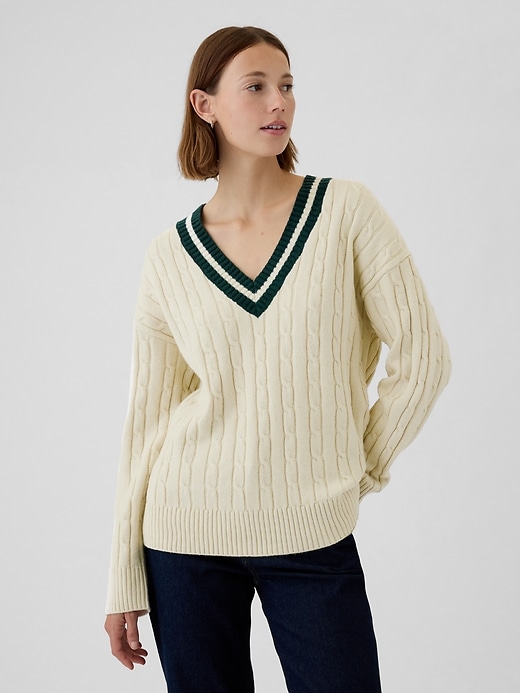 Image number 6 showing, CashSoft Varsity Cable-Knit Sweater