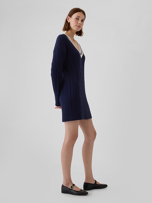 Image number 9 showing, CashSoft Varsity Cable-Knit Mini Sweater Dress