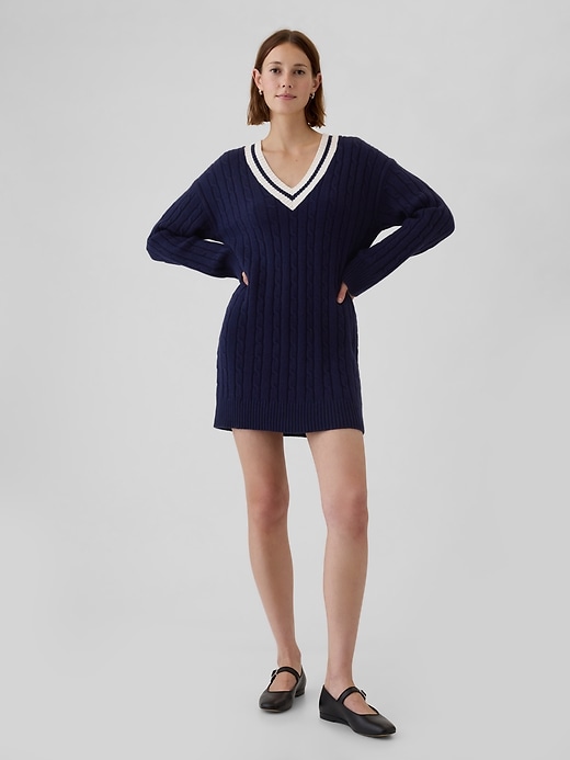 Image number 8 showing, CashSoft Varsity Cable-Knit Mini Sweater Dress