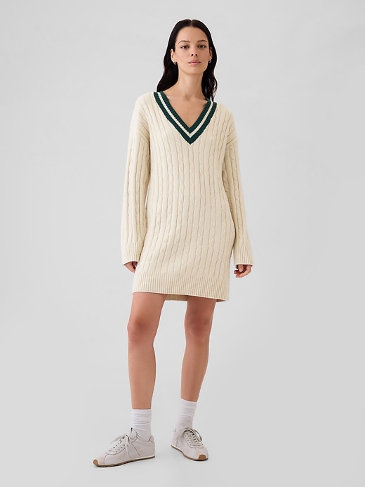 Image number 1 showing, CashSoft Varsity Cable-Knit Mini Sweater Dress